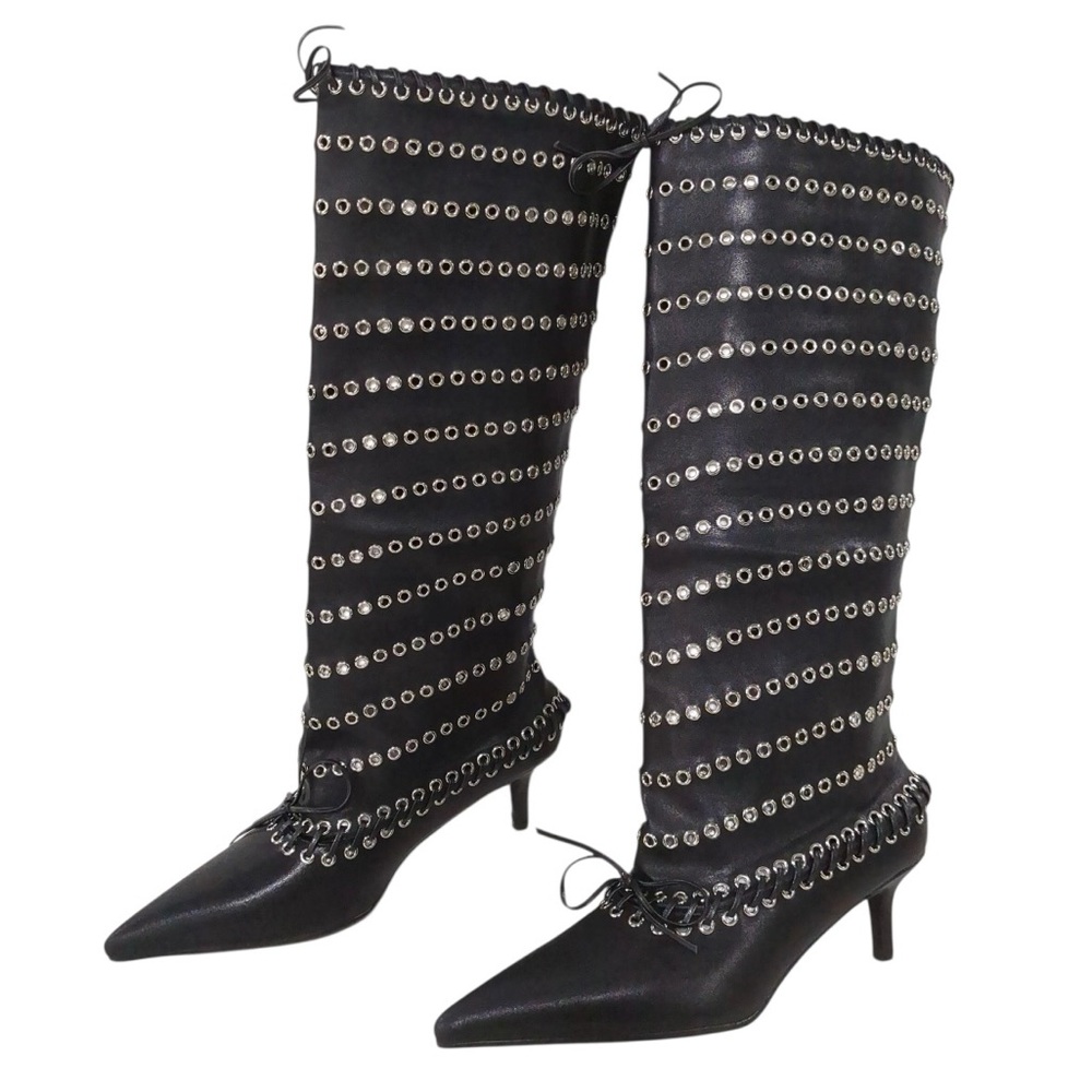 NIB Goolita Metal Eyelets Pointed Toe Wide Calf Knee High‎ Boots Kitten Heel 42